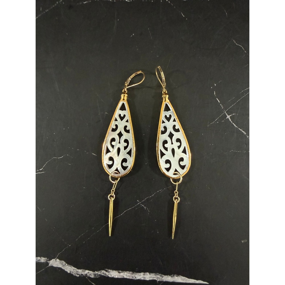 14K Gold Filled Carved Openwork Filigree Mother of Pearl 3.5in Teardrop Earrings